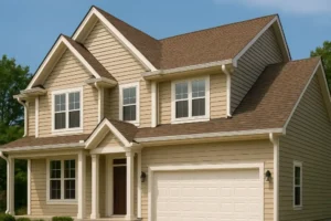 beautiful two-story beige home with white premium gutters and a well-maintained exterior under clear blue skies.