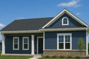 Charming navy blue bungalow with elegant white gutters, stone foundation, and modern black entry door on a sunny day