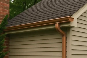 Close-up view of copper gutters on a beige vinyl-sided house with dark gray shingles, showing detailed installation and contrasting textures.