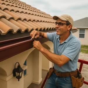 Professional worker installing dark brown aluminum gutter on a house with a terracotta tile roof, using tools and ladder.