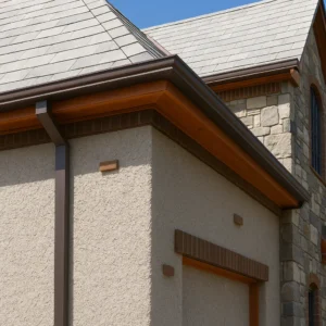 Close-up view of a house corner with dark brown gutters, textured stucco walls, stone siding, and a steep slate shingle roof under a clear blue sky.