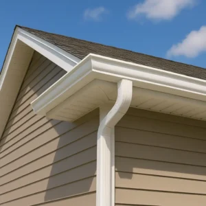 Close-up of new white gutters and downspout installed on a beige house with vinyl siding under a sunny blue sky.