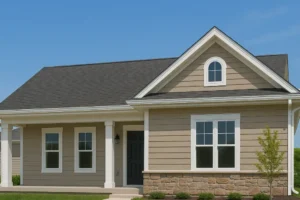 Single-story modern home with elegant white gutters, beige siding, stone accents, and a black front door under a bright blue sky