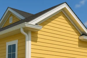 Detailed close-up of a vibrant yellow house corner featuring crisp white gutters and textured siding under a sunny blue sky