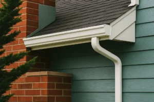 Close-up view of white aluminum gutters on a house with dark gray shingles, teal siding, and red brick chimney, showcasing clean installation details.