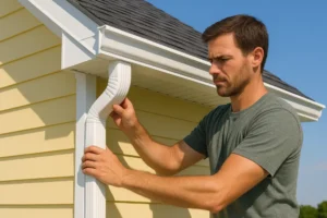 Construction worker without vest or hard hat carefully installing a white gutter by hand on a yellow house exterior under a clear blue sky