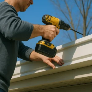 Worker using a yellow cordless drill to install a white home gutter under a clear blue sky.